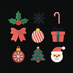 Collection of nine Christmas icons on a black background holiday symbols