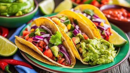 Colorful tacos filled with fresh vegetables and guacamole on a plate, surrounded by lime wedges and salsa, ideal for culinary websites, food blogs, or restaurant menus showcasing vibrant dishes,