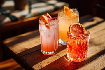 Refreshing cocktails on a wooden table