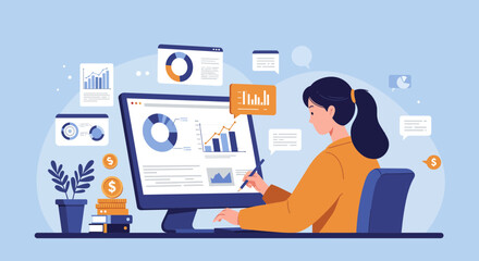 Fototapeta premium Illustration of a woman analyzing data on a computer screen with financial charts, concept for business analysis, financial planning and data visualization