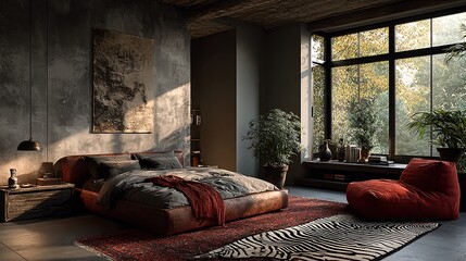 Cozy and Stylish Bedroom Featuring Large Windows and Modern Decor