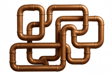 Interlocking copper pipes forming rectangular shapes against a transparent background, ideal for industrial or plumbing-related designs