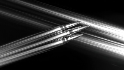 Three metallic rifle cartridges in motion against a dark background