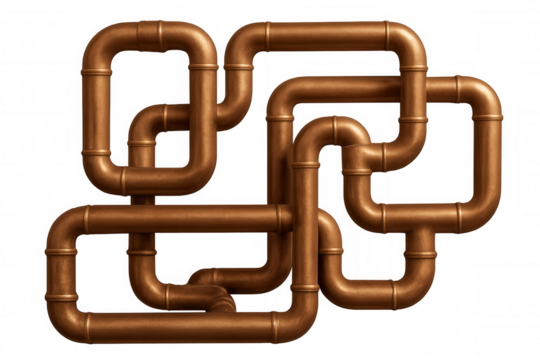 Interlocking copper pipes forming rectangular shapes against a transparent background, ideal for industrial or plumbing-related designs