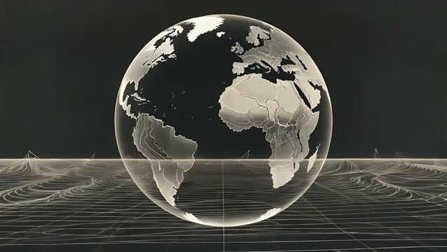 single unbroken line illustration depicting the planetary skyline seamlessly integrated with global cartographic representation, linear earth globe horizon in minimalistic design style
