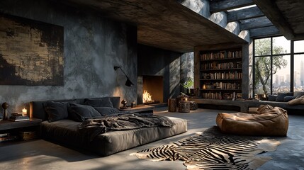 Modern industrial living room with cozy atmosphere and natural light