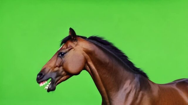 Close up of a brown horse with mouth open on a green screen showing its teeth and neck profile animal green screen video