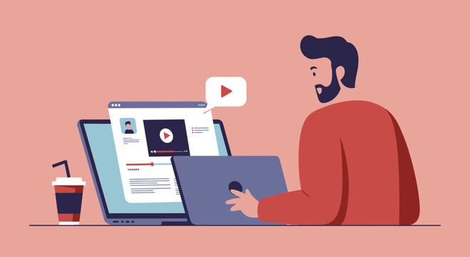 Illustration of a man using laptop with video streaming interface, accompanied by drink, concept for online learning content, digital entertainment and freelance work productivity - Powered by Adobe