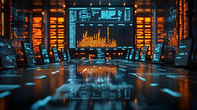 Futuristic boardroom displays data analytics and digital trends for business strategy - Powered by Adobe