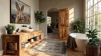 Cozy and Modern Bathroom Interior with Natural Wood Elements