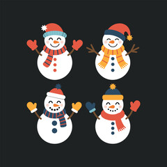 Four Adorable Snowmen Wearing Hats Scarves and Mittens Keywords: snowman, snow, winter, cold, frost