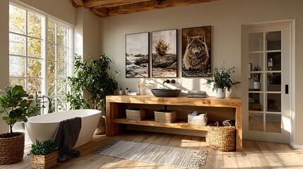 Cozy Modern Bathroom with Wooden Furniture and Natural Light