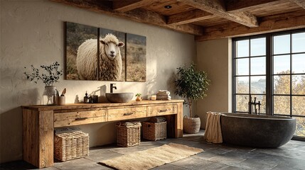Rustic Bathroom with Sheep Artwork and Natural Textures