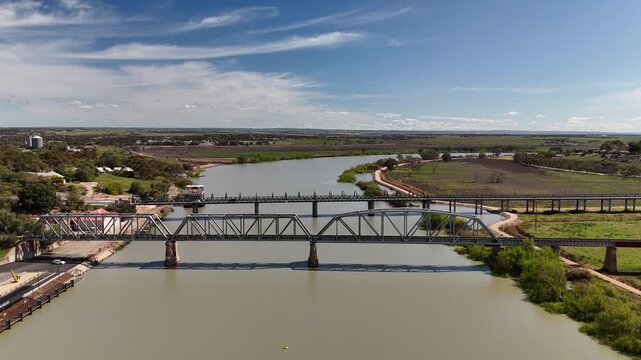 Murray Bridge City, South Australia: 4K Aerial Drone Footage of Murray River, Road Bridge, Railway Bridge, Low Density Houses, Estates, Shops, Parks, Scenic River Landscape
