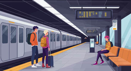 Illustration of people waiting for a train at the station platform with arrival board schedule. Concept for urban commuting, public transport advertising and city exploration