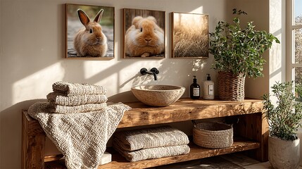 Cozy Minimalist Bathroom with Rabbit Art and Natural Elements