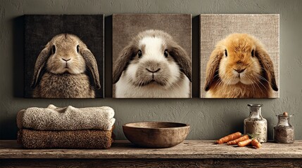 Adorable Rabbit Portraits on Canvas with Carrots and Rustic Decor