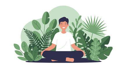 A smiling man meditates in the lotus position amidst tropical green plants and foliage, concept for stress relief, inner peace and relaxation and mindfulness promotion