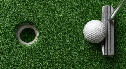 Golf ball and putter about to make a putt on a green