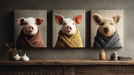 Whimsical Portraits of Pigs and Dog in Cozy Blankets