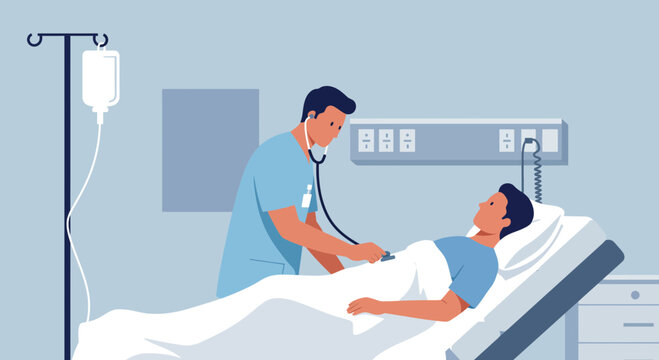 A doctor is listening to a patient's heartbeat with a stethoscope in a hospital room, concept for healthcare service, medical checkup and patient recovery program