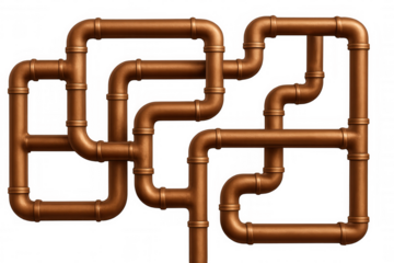 Copper pipes interlacing, creating complex metallic network, highlighting industrial plumbing infrastructure against clear backdrop