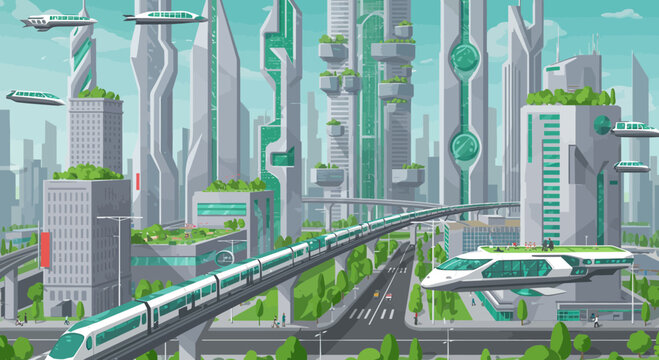 Green futuristic city with modern buildings, train and flying vehicles, showcasing innovative architecture and sustainable design, concept for urban planning, environmental technology