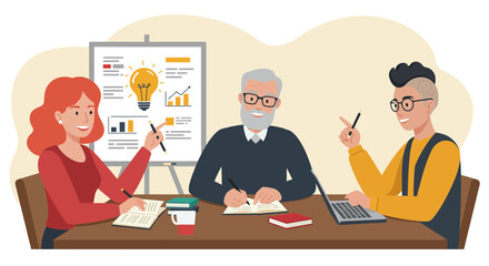 Diverse group of people collaborating at a table with charts and a lightbulb on whiteboard. Concept for strategy development, teamwork brainstorming and startup business planning