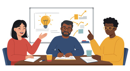 Diverse group brainstorming together, a whiteboard shows business strategy and a lightbulb idea, concept for teamwork synergy, project collaboration and successful planning