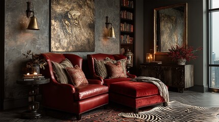 Elegant Living Room with Red Leather Chairs and Stylish Decor