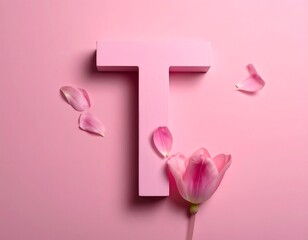 Delicate pink: Letter T adorned with tulip petals on a monochromatic background