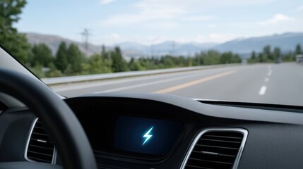 Energy Flow Symbol on EV Screen with Focus on Road and Nature in Background