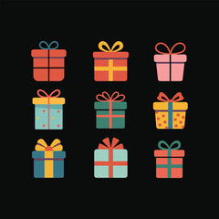 Nine Flat Design Gift Boxes with Ribbons on Black Background Keywords: gift, present, box, ribbon