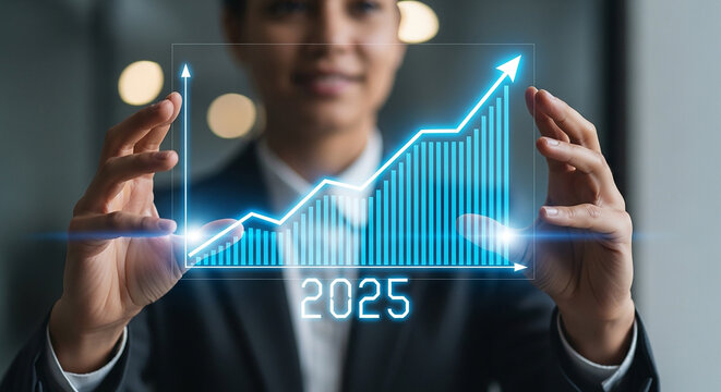 Celebrating ambitious growth for 2025 a confident businesswoman holds a glowing projection of success and innovation