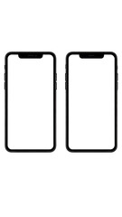 Two identical dark smartphones, side-by-side, displayed against a black background.  Each phone has a rectangular shape,  a  dark  frame/case.  Blank screens
