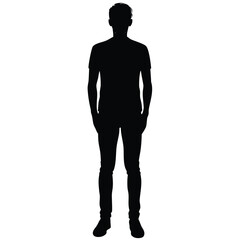 Obraz premium Black Silhouette of Standing Man in TShirt and Jeans with Hands Pockets