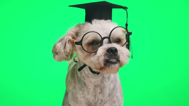 project video of cute little bichon dog with glasses and graduation Toca looking around and sitting on green background