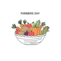 Hand-drawn vector illustration of a wicker basket filled with a bountiful autumn harvest of fresh farm produce on a white background