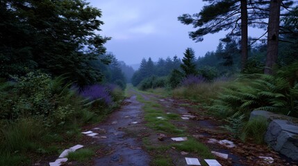Obraz premium Foggy Woodland Trail at Dawn with Mist and Overgrown Pathway in Serene Nature Setting