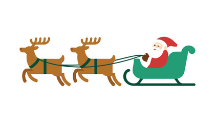 Santa Claus Driving Sleigh Pulled by Two Reindeer on White Background christmas holiday.