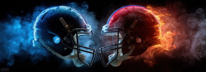 Two opposing American football helmets, one blue and one red, in a dramatic confrontation