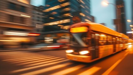 Dynamic urban scene with motion blur and warm tones, capturing the essence of bustling city life.