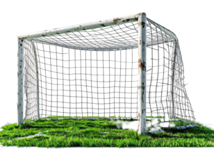 Rusty soccer goal on a grassy field