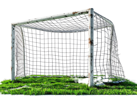 Rusty soccer goal on a grassy field