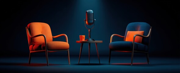 Podcast studio setting with two armchairs and microphone