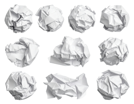 Crumpled white paper balls.  A grid of 9 crumpled pieces of white paper,  each a different shape and texture.  Flat lay