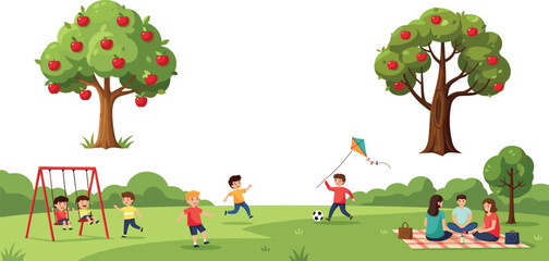 Children playing in green park, swinging, running, flying kite, group picnic, apple trees, outdoor fun, family time, nature day