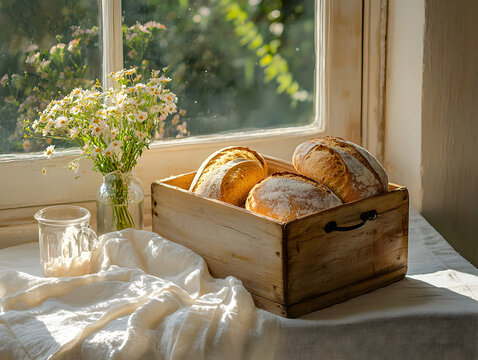 Rustic wooden breadbox filled with freshly baked bread loaves sits table near window, with sunlight illuminating scene