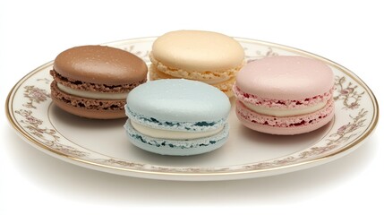 Obraz premium Colorful macarons on an ornate plate showcase a delightful dessert presentation, ideal for food blogs, culinary articles, or event invitations, enhancing the visual appeal of gourmet treats,