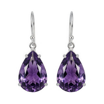Elegant pearshaped amethyst drop earrings, showcasing deep purple gemstones suspended from silver hooks, isolated on transparent background